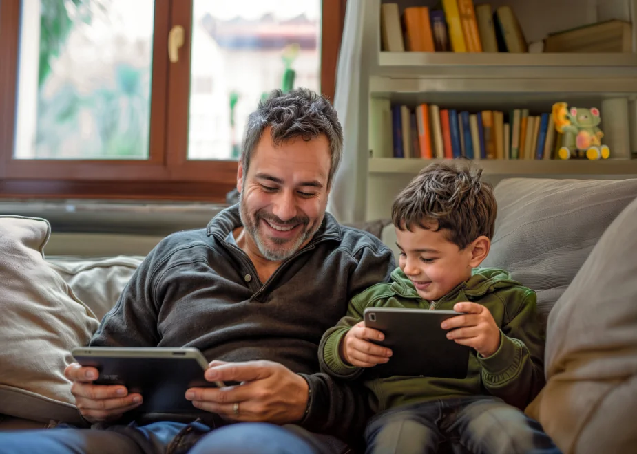 Padre e hijo jugando en la tablet